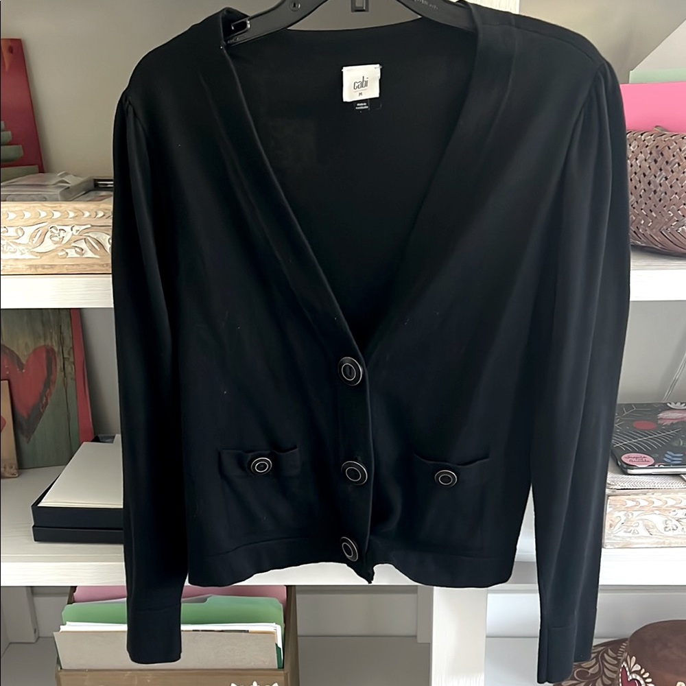 CAbi Black Classic Tailored Cardigan. Style number 3891. Size Medium.